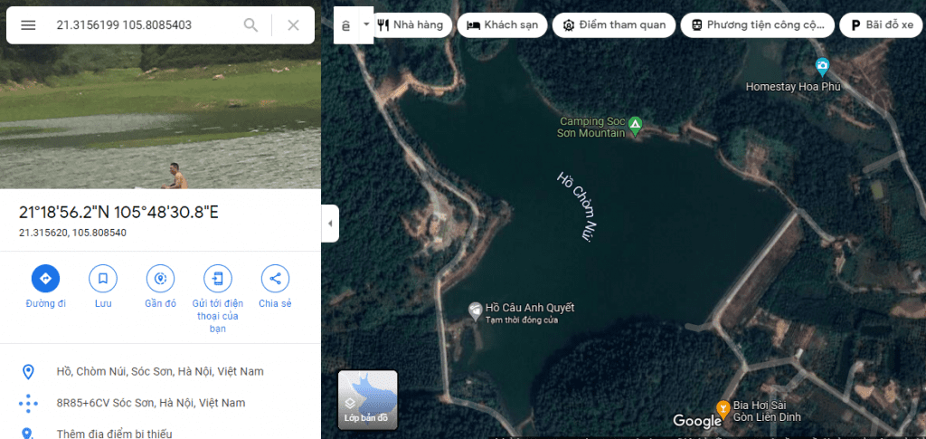 Vị trí hồ chòm núi trên google map